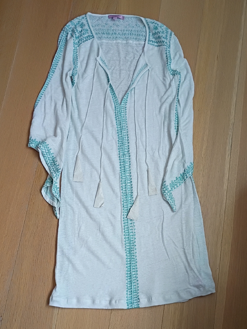 CALYPSO St. Barth Women’s White Swim Cover-Up with Teal Trim (Sz. 0) 100% Linen